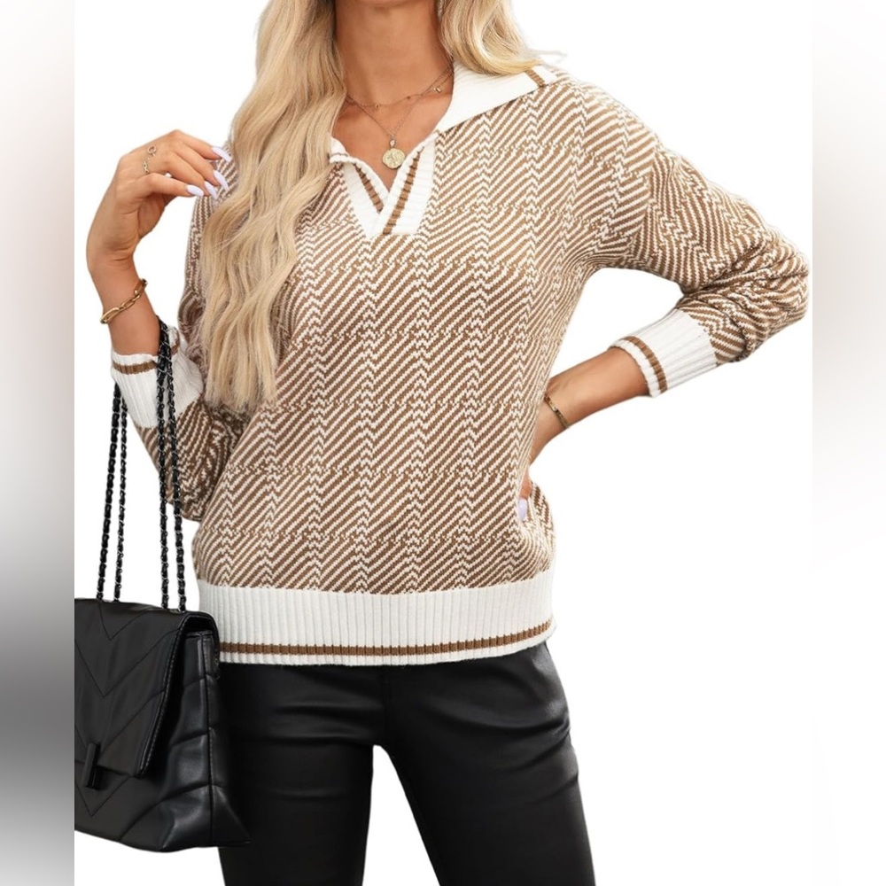 EVALESS Womens Lapel V Neck Color Block Striped Sweaters DropShoulder LongSleeve